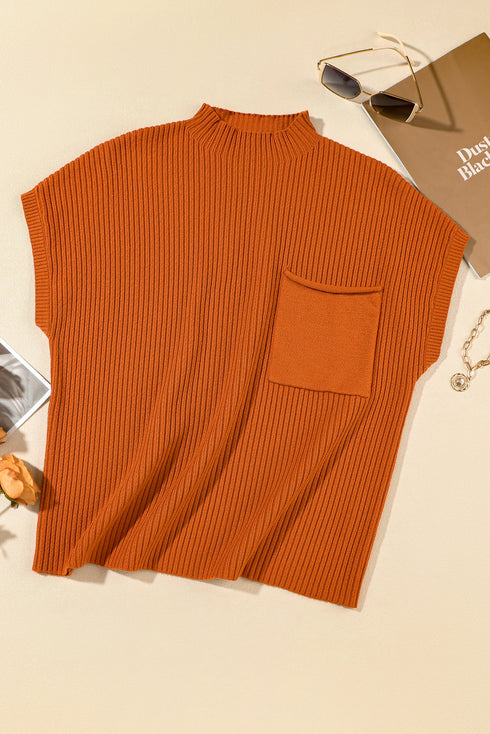 Ribbed Mock Neck Patch Pocket Drop Shoulder Short Sleeve Sweater